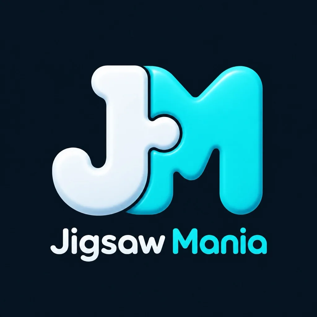 Jigsaw Mania logo: a glossy white J and cyan M joined like puzzle pieces above the wordmark.