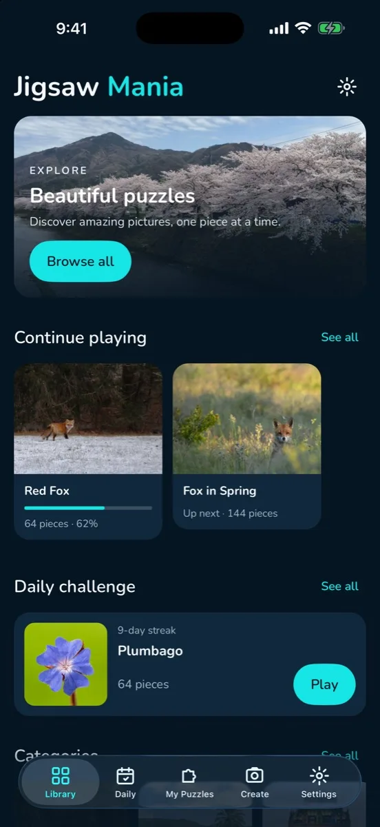Library screen with the hero picture, Continue playing and the Daily challenge card.