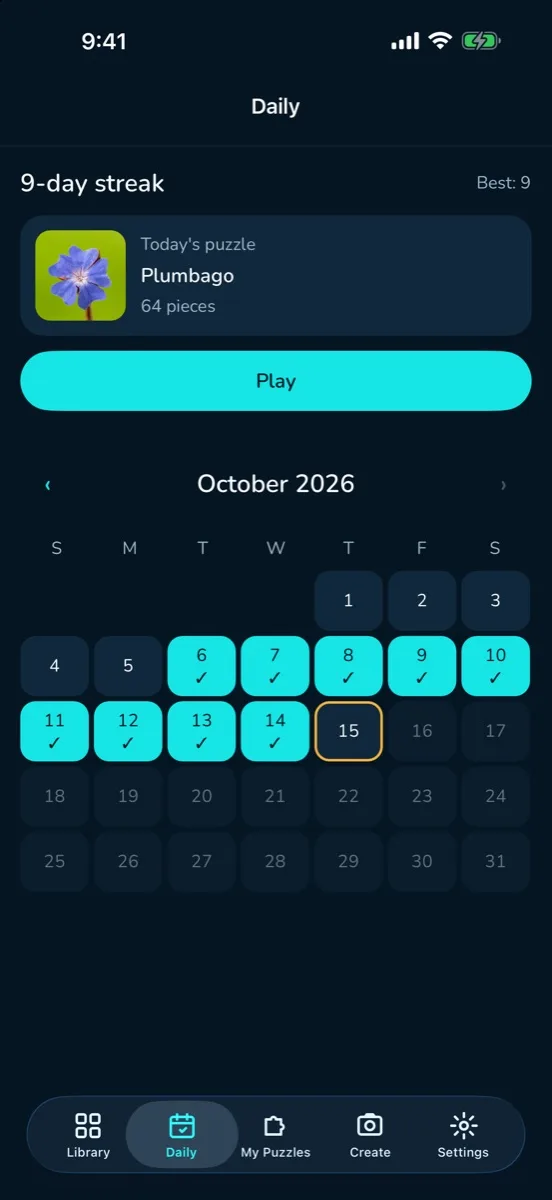 Daily calendar showing a nine-day streak.