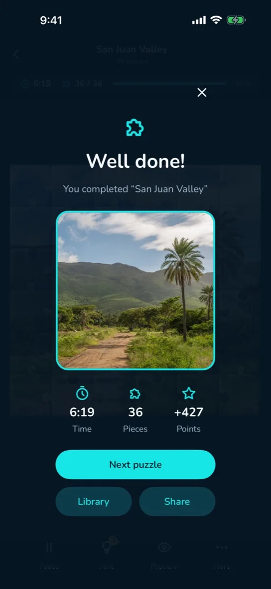 Finish screen: Well done, with the completed picture and the time, pieces and points.